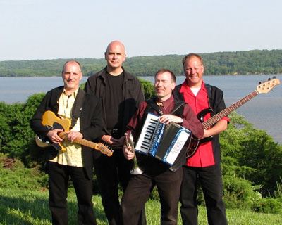 Four men pose with musical instruments, standing on the grass in bright sun. Behind them is a large body of water. The instruments are an electric guitar, a bass, a trumpet, and an accordion.