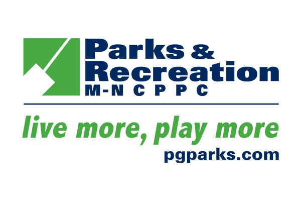 Dark blue and green logo for M-NCPPC Parks & Recreation, with the green words live more, play more and the URL pgparks.com.