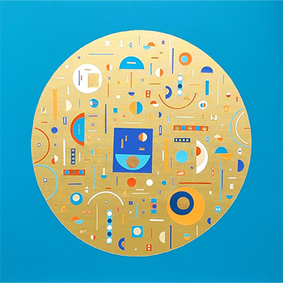 An abstract painting featuring a gold disc centered in a turquoise background. The disc is inscribed with several hundred colorful geometric shapes in shades of blue, orange, and white.