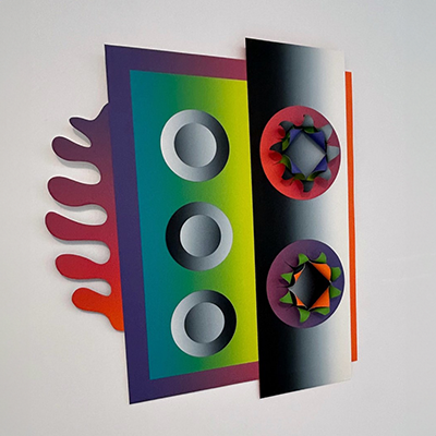 Abstract artwork featuring color gradients and geometric shapes.