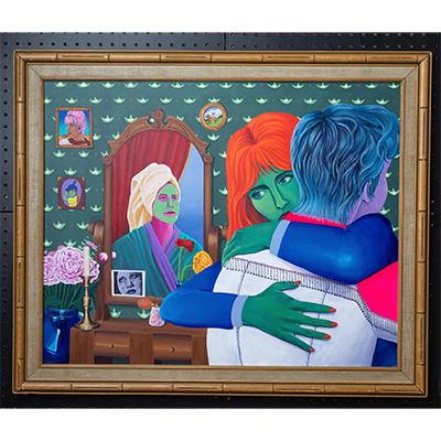 A framed painting done in jewel tones depicting two figures embracing in a wallpapered room near a bureau with a mirror. Reflected in the mirror is a third figure wearing a robe and green face-cream. The embracing figures have green and purple skin, respectively.