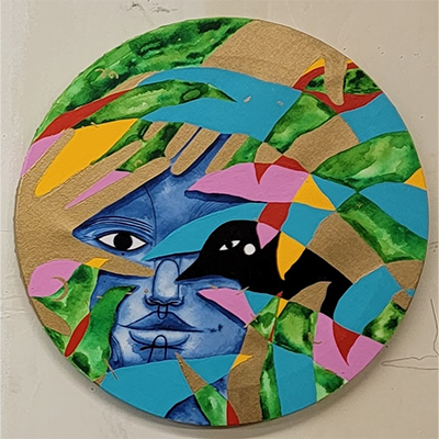 A circular modern artwork featuring a blue face peeking through stylized gold hands, with other colorful imagery from the natural world, including a black bird and green leaves.