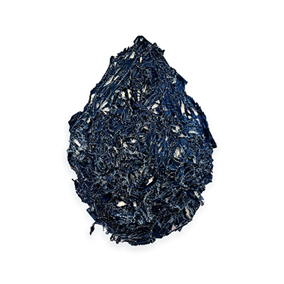 A black, teardrop-shaped artwork with a heavily textured surface.
