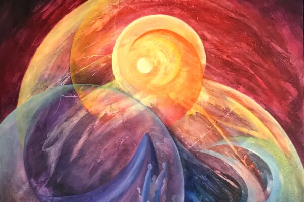An abstract painting in rainbow colors with swooshing, circular forms. In the center is a yellow sun-like object; at the bottom is a cluster of small, human-like figures.