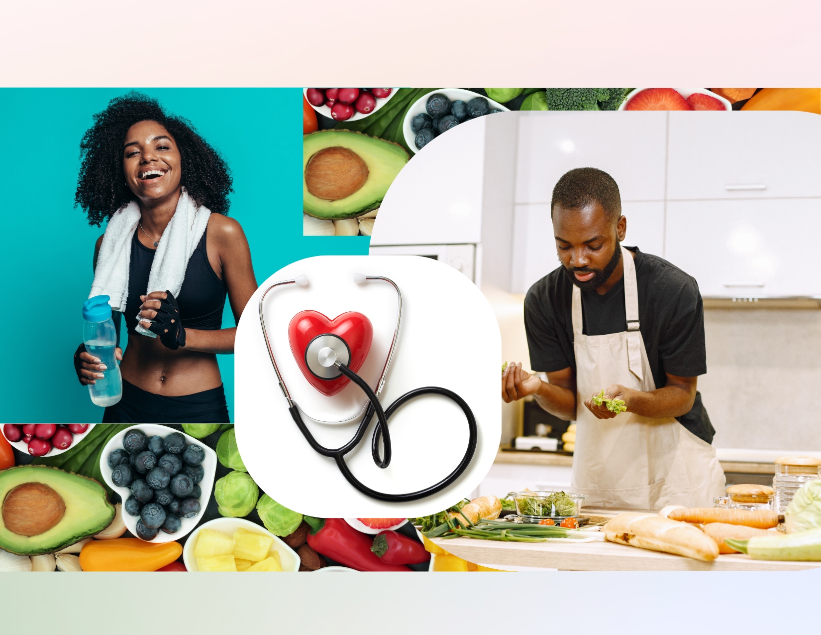 A photo collage featuring a picture of a woman in exercise clothing carrying a water bottle, a picture of a man in an apron preparing vegetables, a picture of a stethoscope "listening to" a red plastic heart, and a picture of fresh produce.