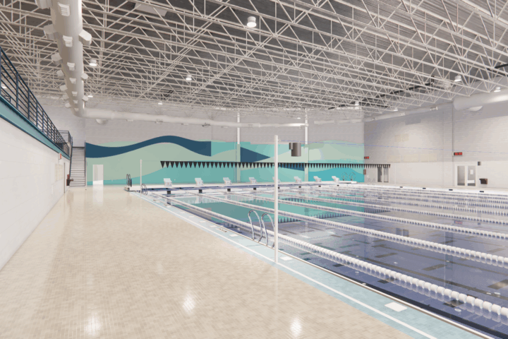 A 3d render of what indoor competition pool at the Prince George's County Sports and Learning Complex will look like at end of contruction