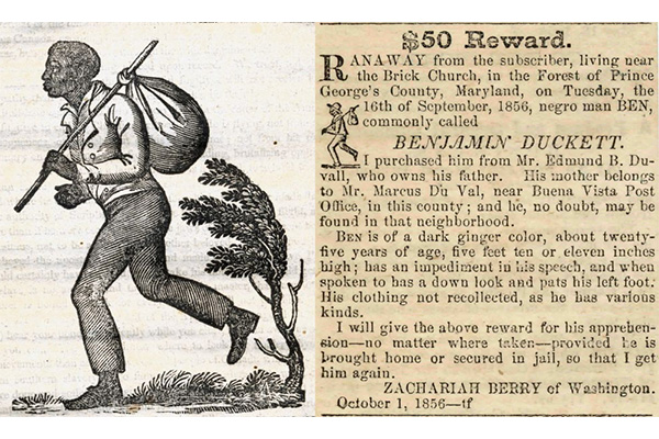 Composite image showing a historic illustration of a runaway slave next to a newspaper ad offering a $50 reward seeking a runaway slave in Prince George's County.