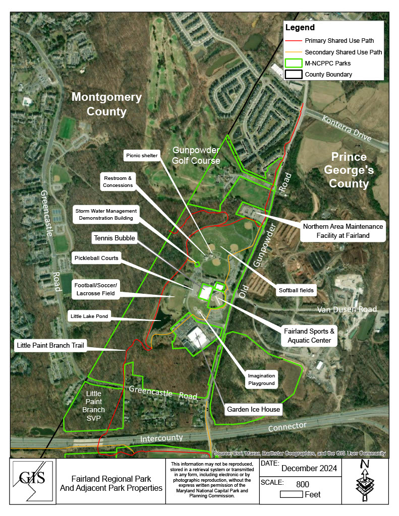 Map of Fairland Regional Park Master Development Plan Area and Facilities. For details, contact Shubha Punase at 240-941-9350.