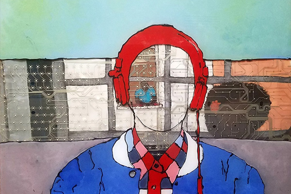 Mixed media artwork depicting a faceless person wearing headphones. The background incorporates electronic circuit board elements.