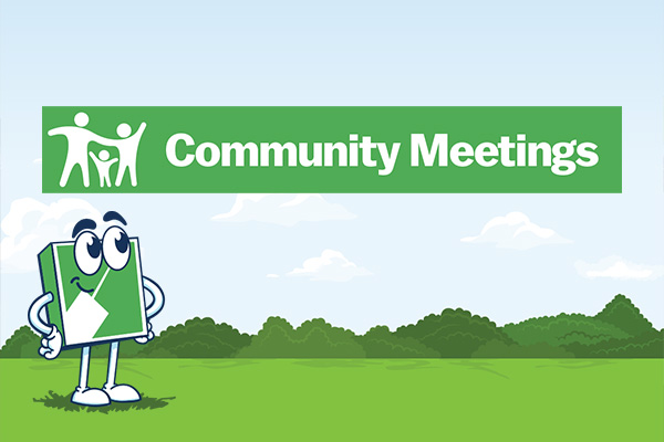 A green mascot character looking up at a box that reads "Community Meetings"