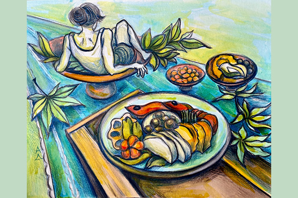 Mixed media artwork depicting platters and bowls of food next to a large bowl containing a human figure.