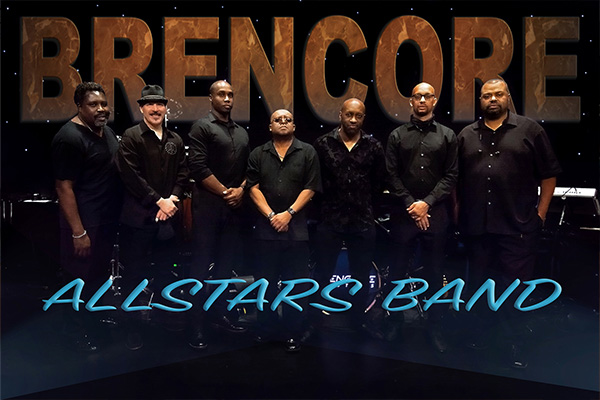 Graphic featuring seven men in black shirts and the words Brencore Allstars Band.