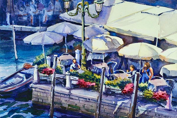 Watercolor artwork depicting a waterfront patio with cafe tables and umbrellas.