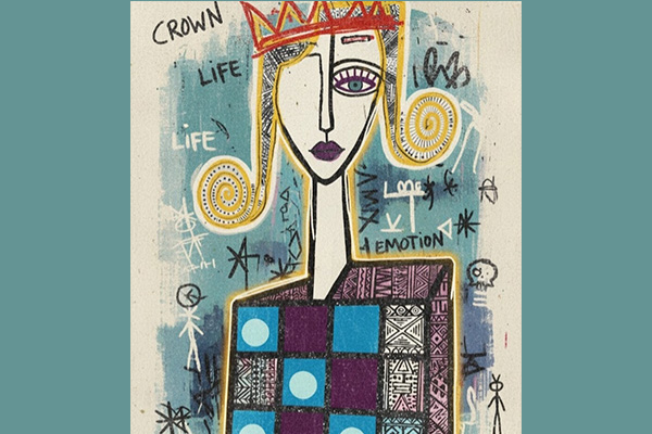 Stylized portrait of a woman wearing a crown in a minimalist, street art style, surrounded by doodles and words.