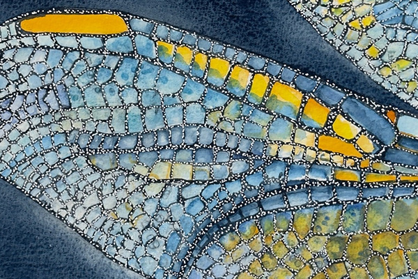 Mixed media artwork in shades of blue and gold depicting the stained-glass-window-like facets of an insect wing.