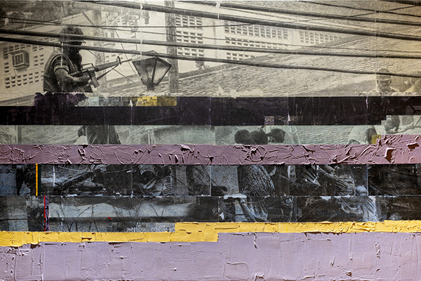 Artwork incorporating black-and-white historic photographs collaged amid bands of color in shades of purple and gold.