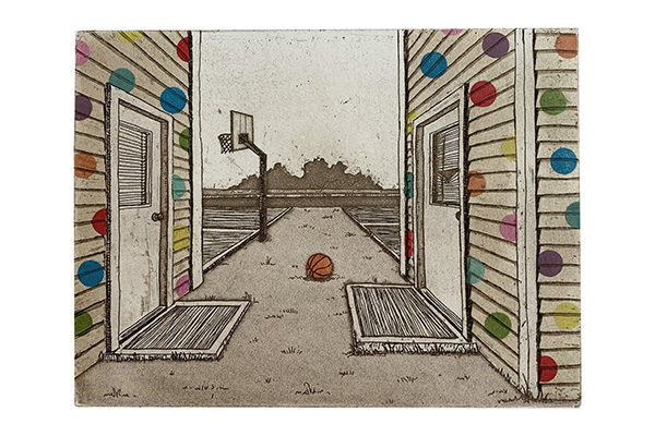 Artwork depicting two polka-dotted houses and a basketball hoop.