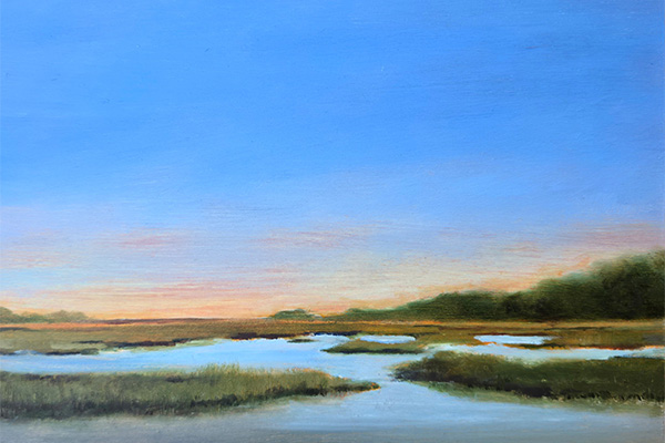 Painting depicting a marsh or river under a blue sky.