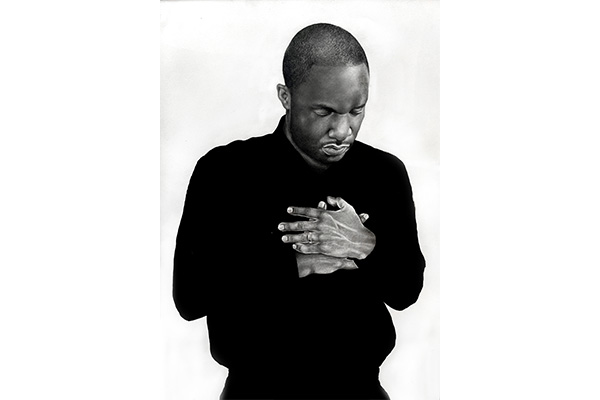 Black-and-white, realistic drawing or painting of a man with his hands clasped over his heart.