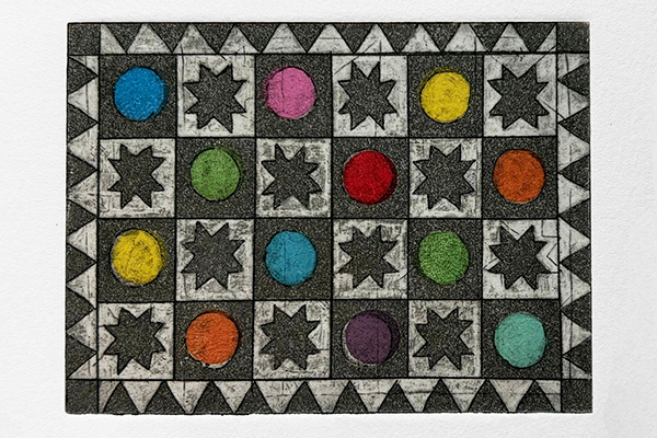 Colorful etching artwork resembling a quilt pattern with black-and-white squares, a triangle border, and colored circles.