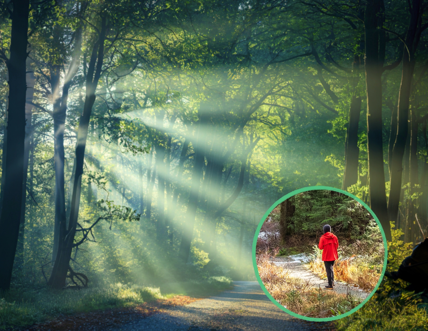 Sun rays shine through trees onto a forest path, with an inset circular image of a person walking on a snowy trail.
