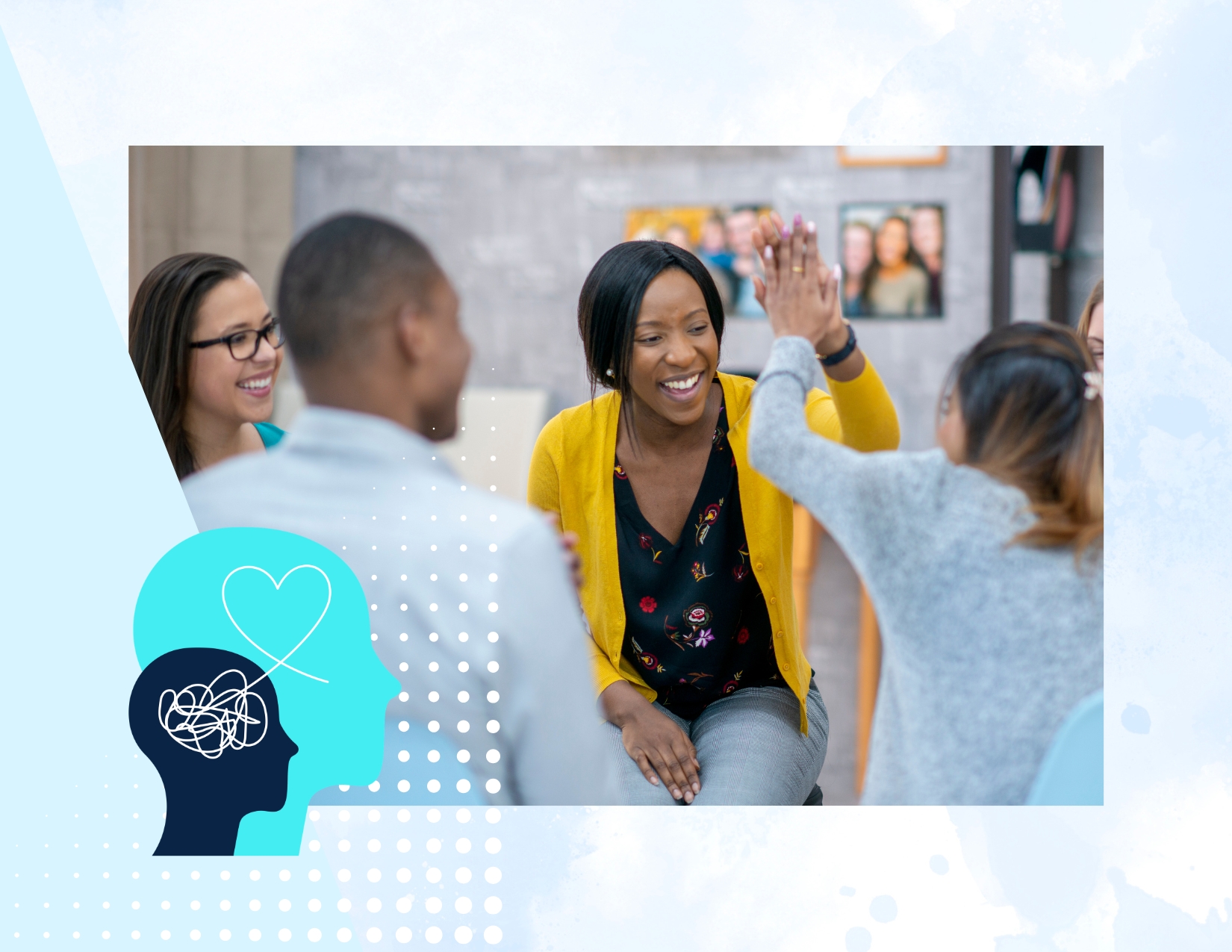 Adults participate in a group wellness discussion, with one participant giving a high-five during a mental health program.