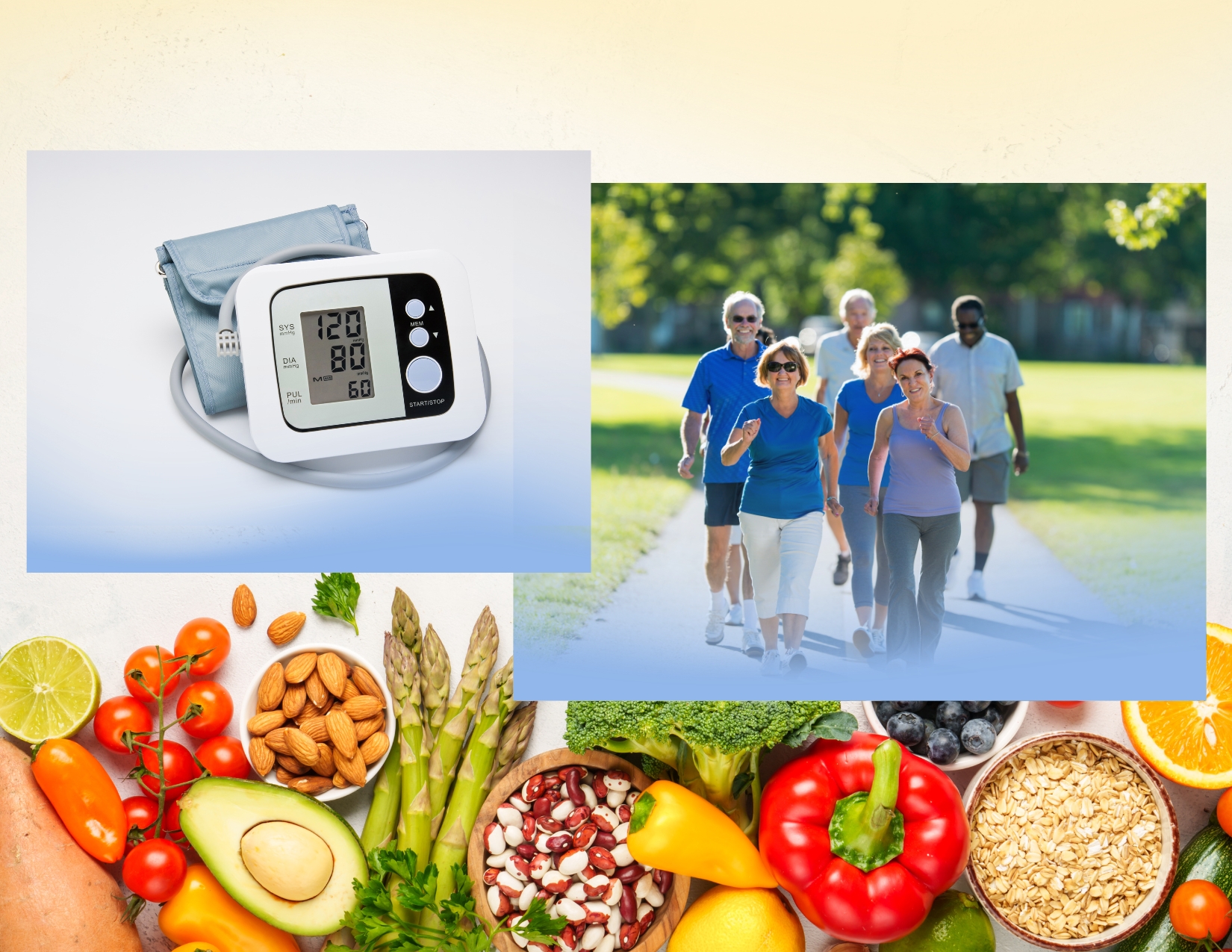 Healthy foods, walking, and blood pressure monitoring promote wellness and heart health awareness.