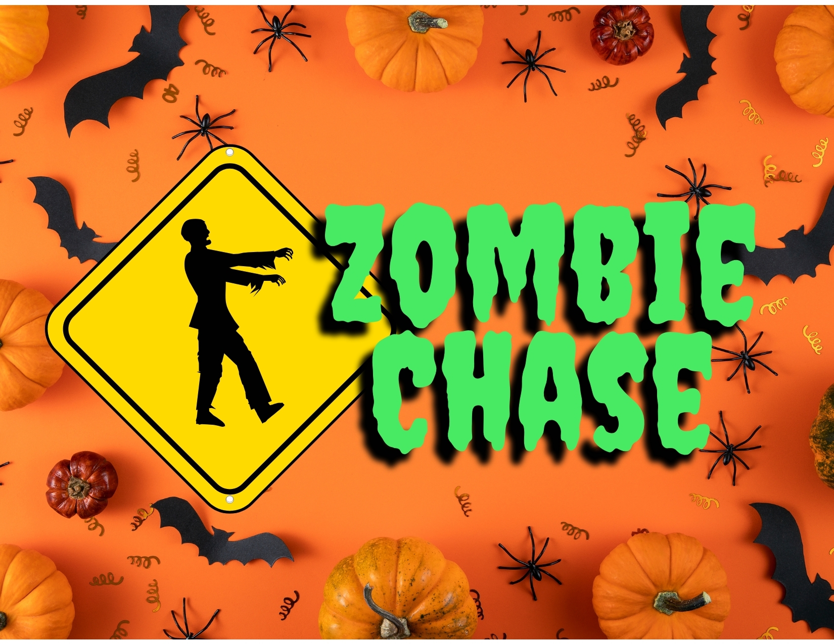 Halloween-themed Zombie Chase graphic featuring pumpkins, bats, spiders, and a zombie crossing sign.